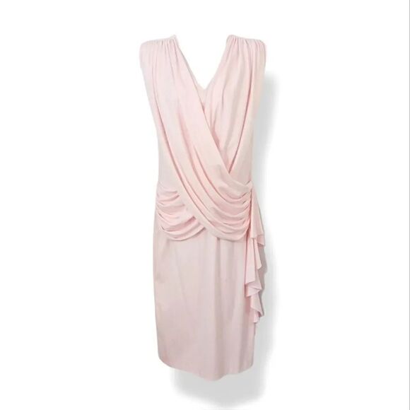 Vintage Pleated Shoulder Draped Wrap Front Cocktail Dress in Pale Pink Size 5/6 - Picture 3 of 10